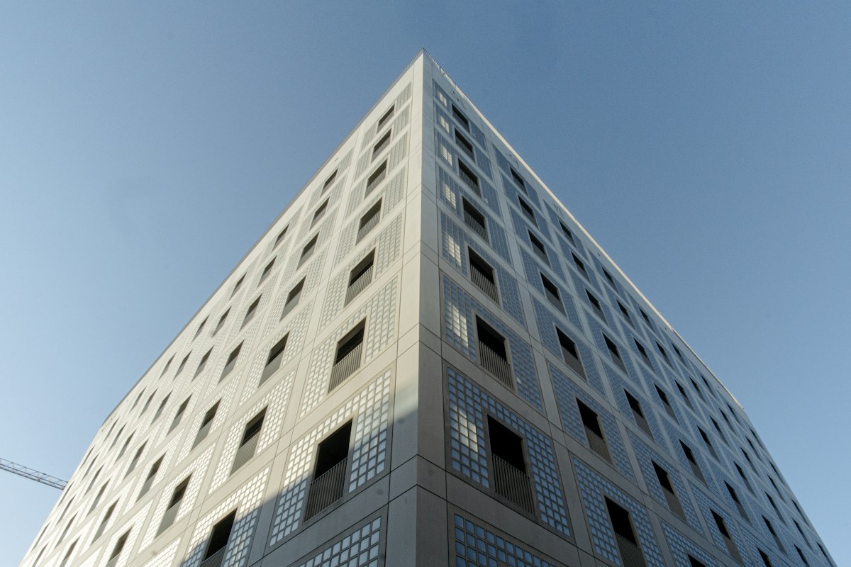 Temporary photograph: a geometric building against a blue sky