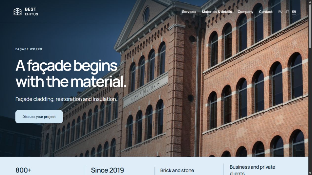 BEST EHITUS — English homepage with a sunlit brick façade