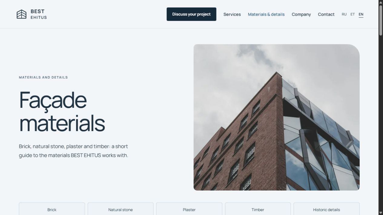 BEST EHITUS — English materials page with architectural photography