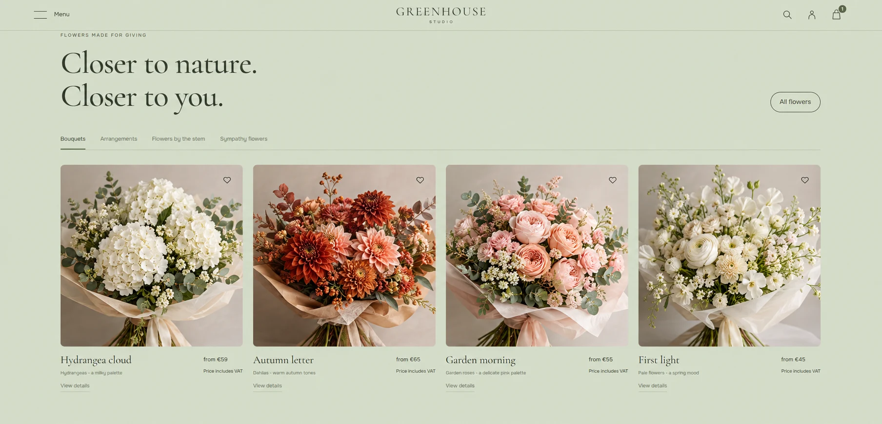 Greenhouse Studio — English catalogue layout with illustrative bouquet imagery prepared for this portfolio